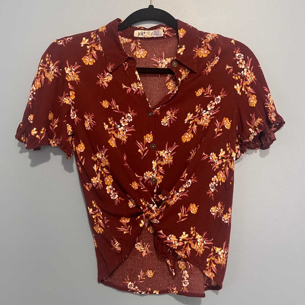 Burgundy Floral Tie-Front Button Down Top